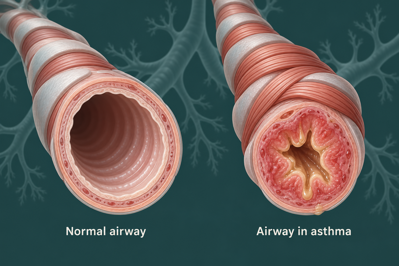 Illustration comparing a normal open airway with a narrowed airway in asthma, showing airway wall thickening and mucus.