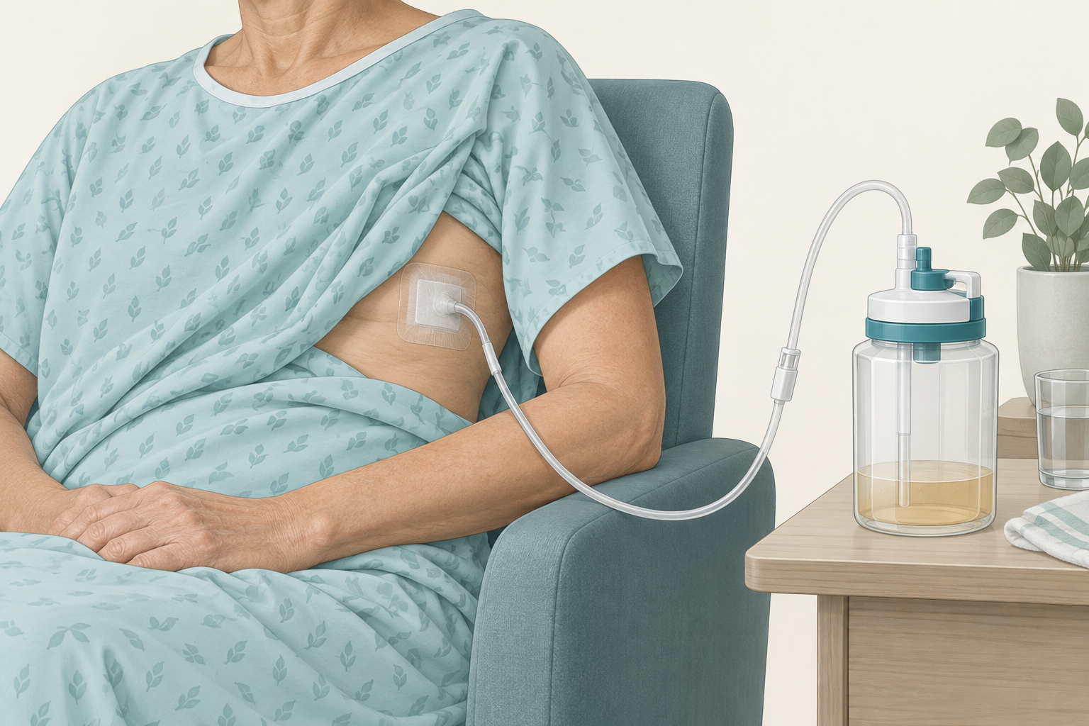 Illustration of an external pleural catheter connected to a closed drainage bottle