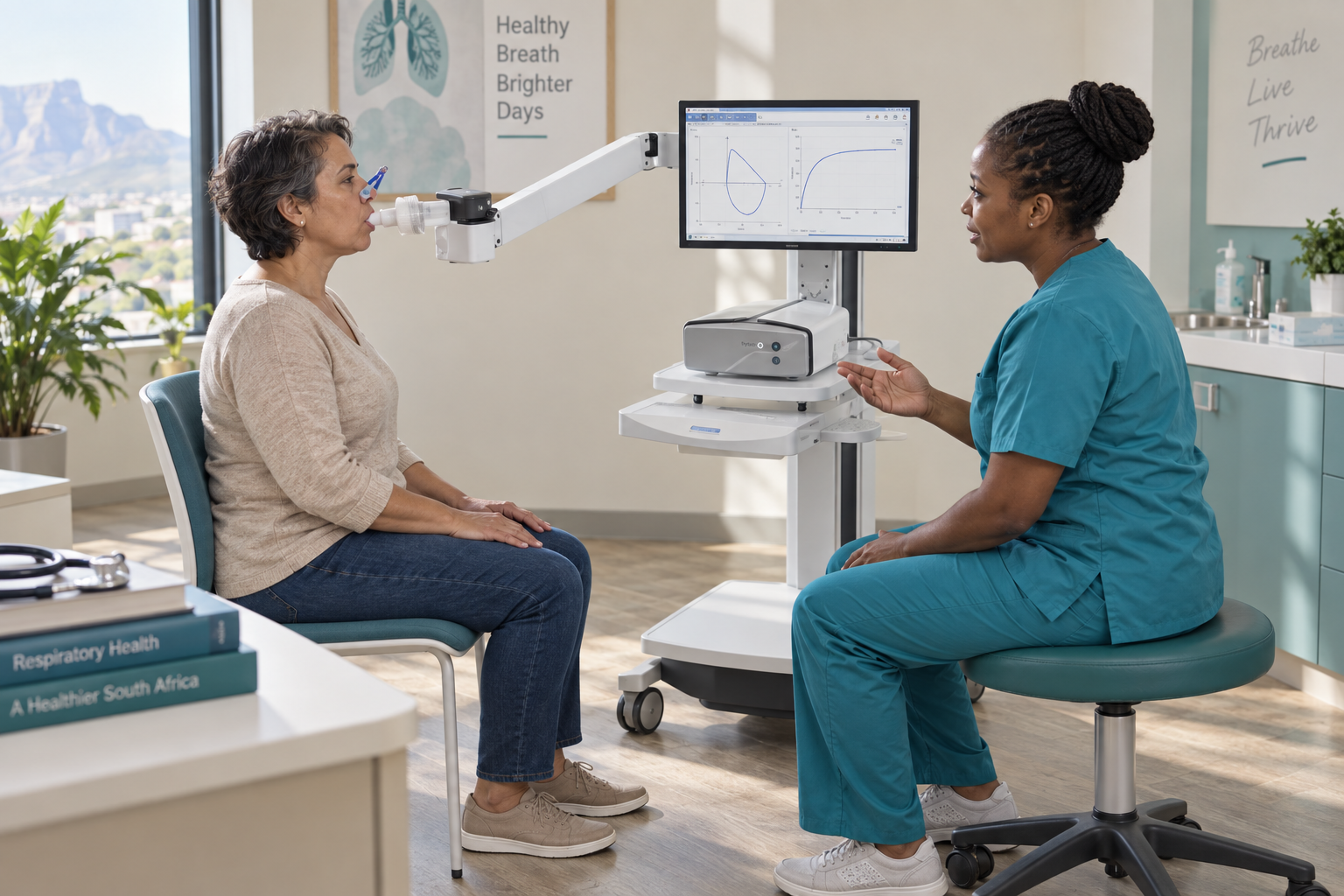 Illustration of a seated patient breathing through a mouthpiece with a nose clip during lung function testing, guided by a technologist.